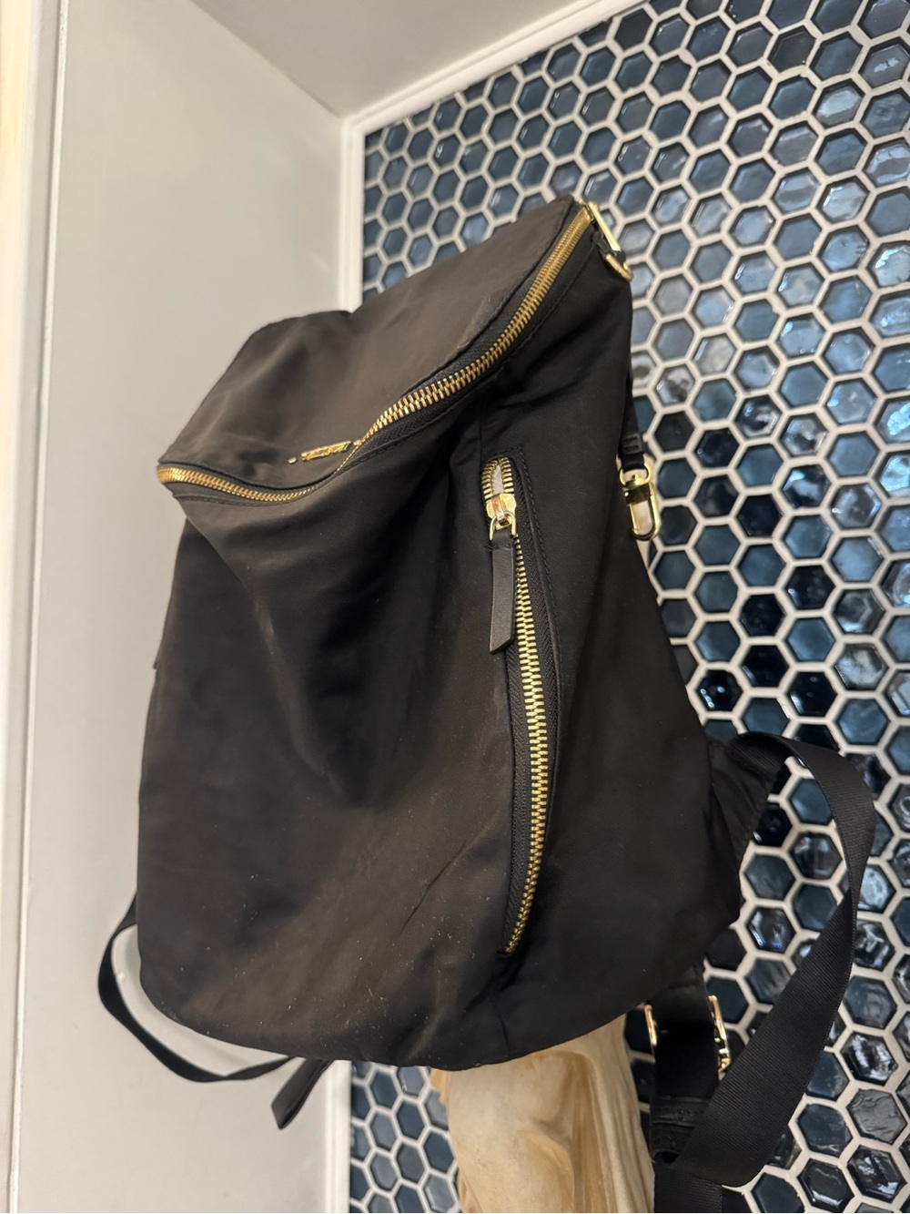 Tumi Black Backpack with Gold Hardware Accents - Picture 3 of 14